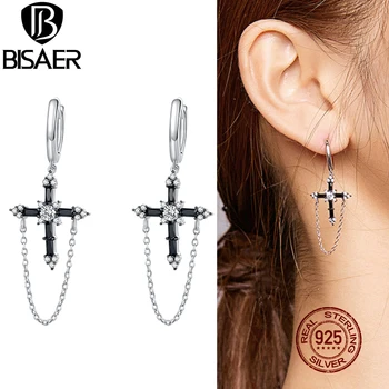 

BISAER Black Cross Drop Earrings 925 Sterling Silver Zircon Vintage Chain Link Earrings For Women Exotic StyleJewelry EFE402