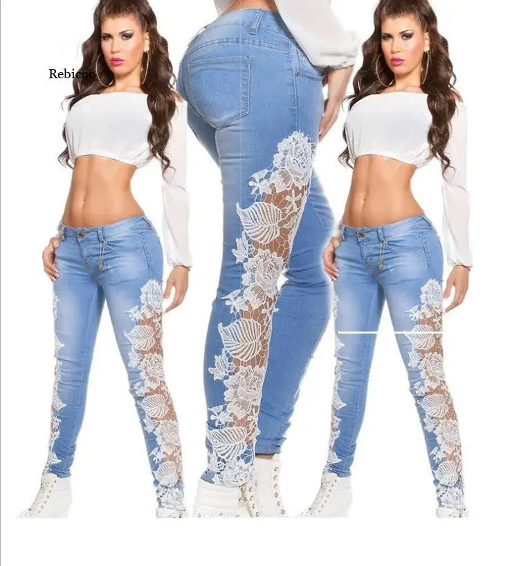 

3Xl Ladies Lace Floral Crochet Hollow-Out Jeans Women Elegant Sexy Denim Pencil Skinny Jeans Spring Autumn New