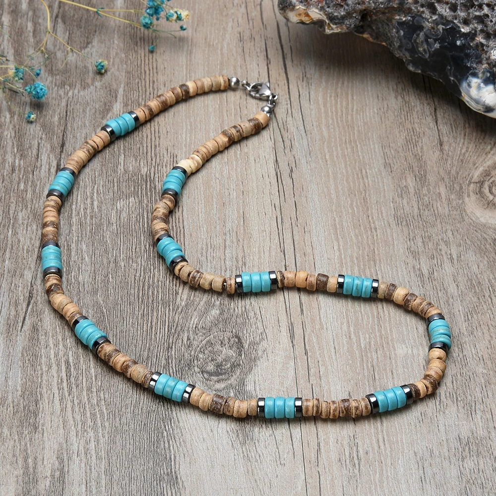 Collier de chaîne de perles de pendentif en bois de style tribal