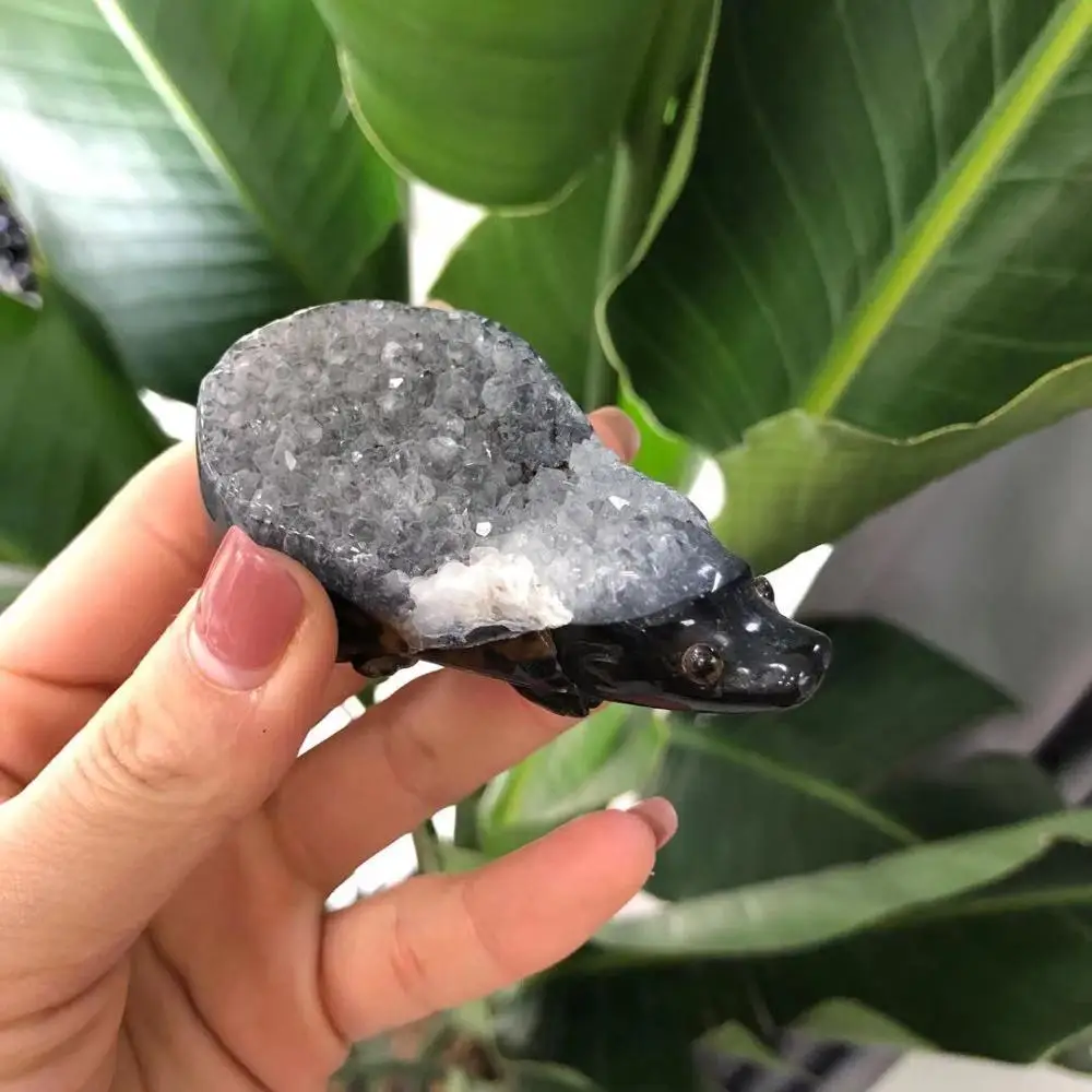 Agate Натуральный агат Geode Ежик Drusy Druse фигурка животного Кристалл кварц драгоценный камень ручной резное Исцеление Камень домашний Декор подарок - Цвет: Agate