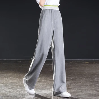 

Women wide leg grey tencel pants high waist elastic casual loose full length jeans free shipping for summer