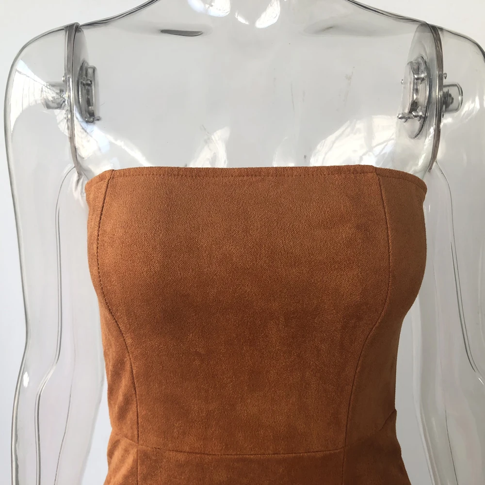 KGFIGU Women strapless suede leather dress Autumn sleeveless bodycon midi dresses sexy kim style vestidos drop shipping