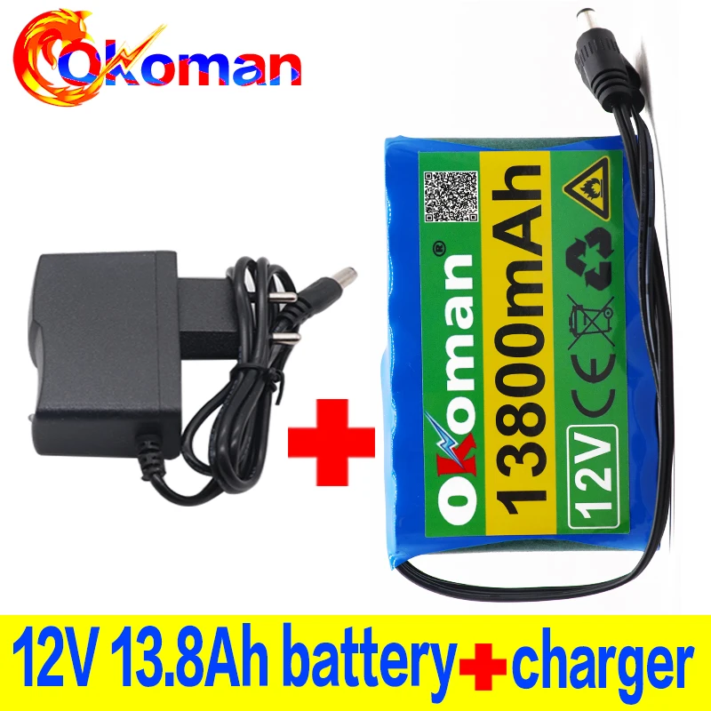 

100% original 12V battery pack 13.8Ah 18650 Rechargeable Lithium Ion battery pack capacity DC 12.6V 13800mAh CCTV Cam Monitor