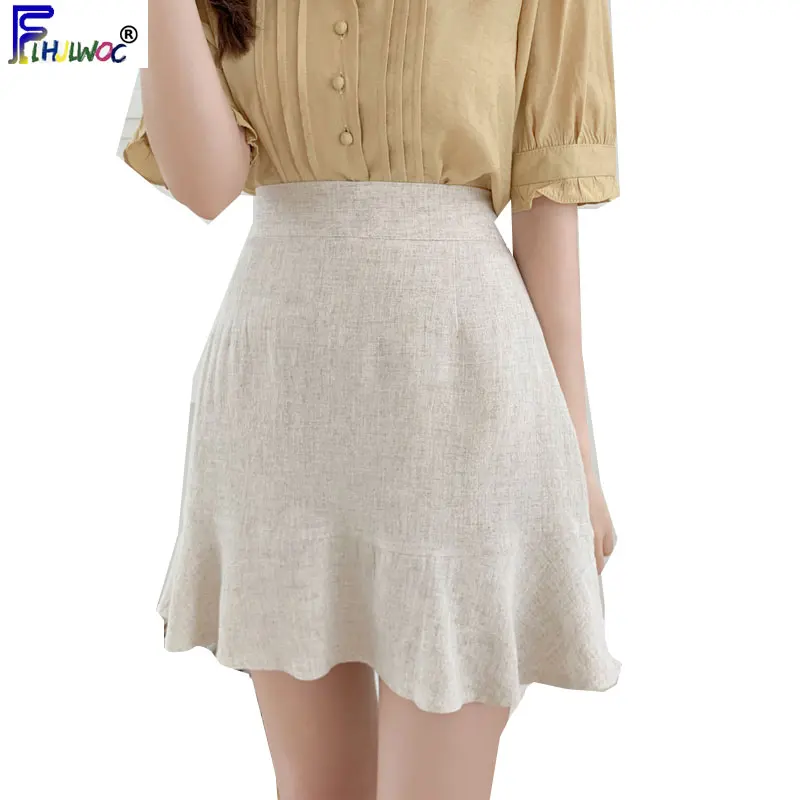 

Cute Mini Skirts Hot Sales Womens Fashion Korea Japan Preppy Style Design Sweet Girls High Waist Linen Skirt Ruffled 8112