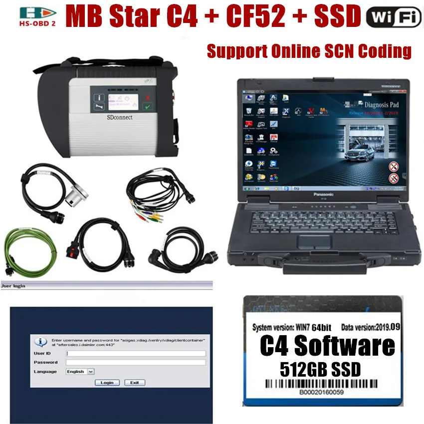 Автомобильные диагностические инструменты MB star C4 и ноутбук cf52 с 512g SSD установка новейшего программного обеспечения Поддержка SCN кодирования для Benz SD C4