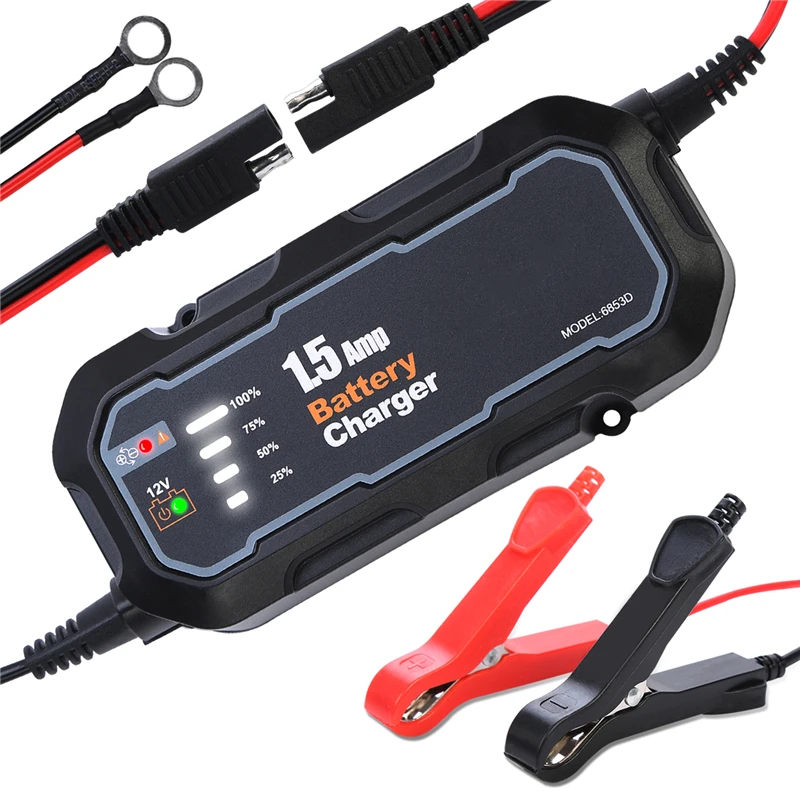 Automotive Battery Charger 6V 12V 1.5A  Car RV Boat Lawn Mower with Cable Clamps 