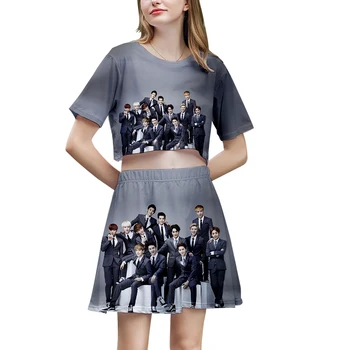 

EXO 3D Two Pieces Skirt Exclusive 2019 Korean Team Short Sleeve T-shirt + Skirt Little Sexy Dew Belly T-shirt+Skirt XS-2XL