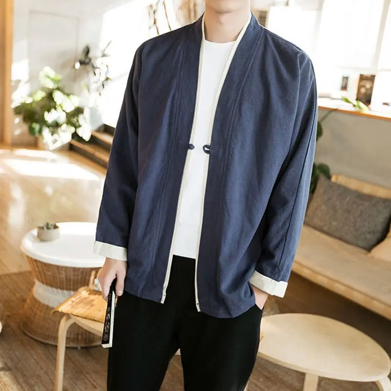 Дропшиппинг хлопок льняная рубашка куртки Мужская китайская уличная кимоно рубашка пальто мужской льняной кардиган куртки пальто размера плюс 5XL - Цвет: Black