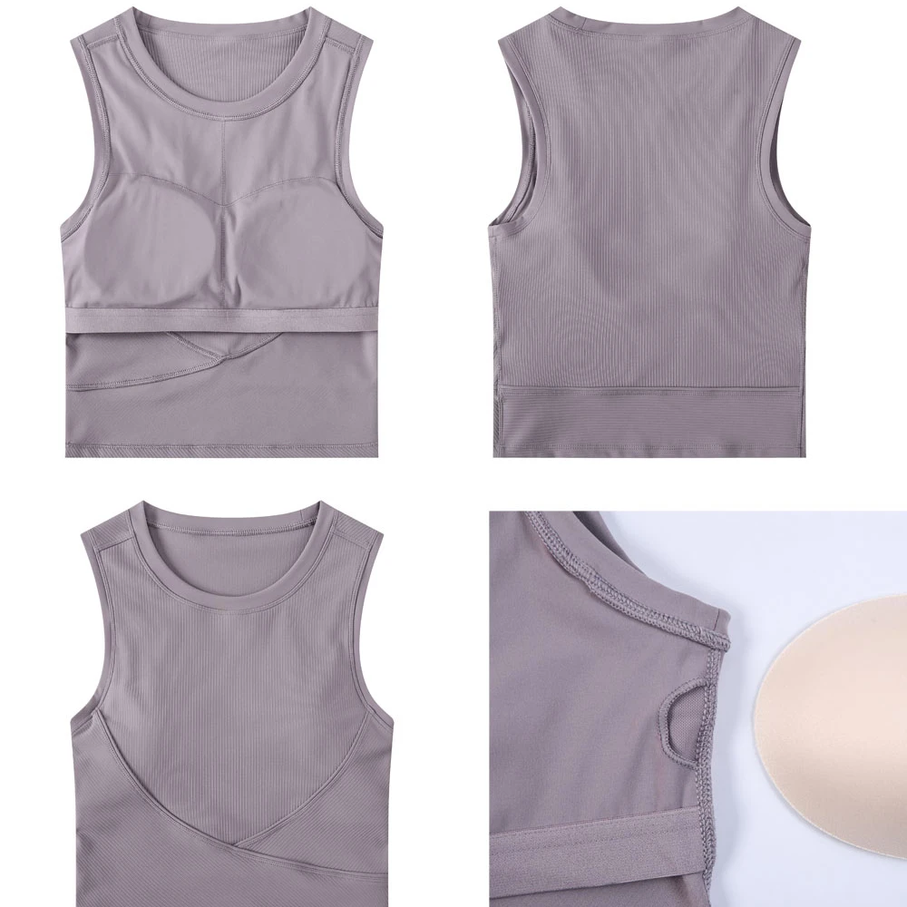 RIBBED Workout Yoga Gym Crop Top Vest Women Push Up Padded Fitness Training Sports Bras Top with Removable Chest Pads