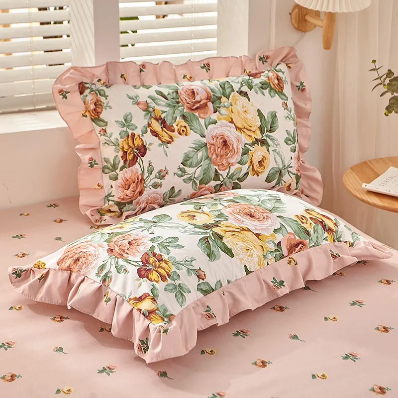 Peony Floral Girls Duvet Cover Set Soft Cotton Brushed Farmhouse Chic Blossom Ruffle 3/4Pcs Bedding set Fitted sheet Pillowcase