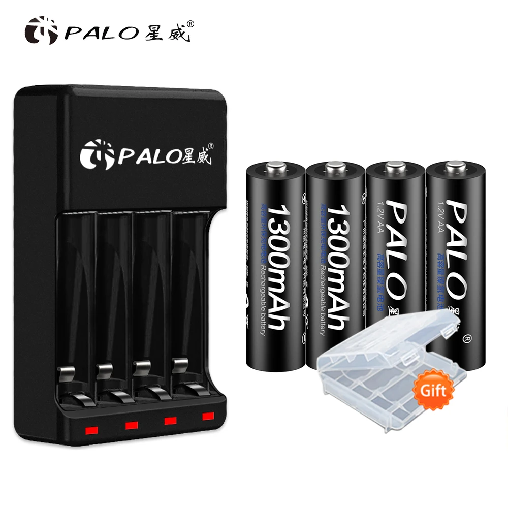 Умное зарядное устройство PALO со светодиодной подсветкой USB для перезаряжаемых батарей Ni MH Cd AA AAA + 4 шт. 1 2 в 1300