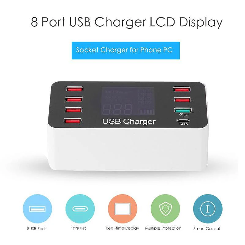 QC3.0 8 портов USB зарядное устройство 5 В 9A 45 Вт с напряжением тока ЖК-дисплей настольное зарядное устройство станция розетка ЕС вилка