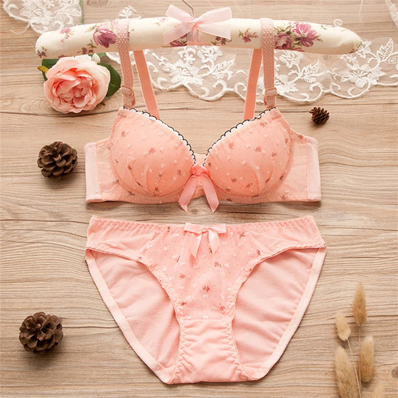Kawaii Push Up Bra Sets Girl Cute Bow Floral Bra Summer Dot Small Fresh Comfortable Underwear 2022 plus size bra and panty sets Bra & Brief Sets