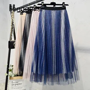 

2020 Summer Skirts Womens Fashion Gradient Color Mesh Tulle Skirts Women Elastic High Waist A Line Mid Calf Midi Pleated Skirt