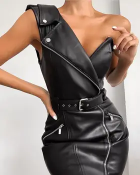 

Autumn Style 2019 Hot Sale Sexy One Shoulder V Neck Zipper Belt Black Bandage Dress Famale Fashion Bodycon Mini Party Dresses