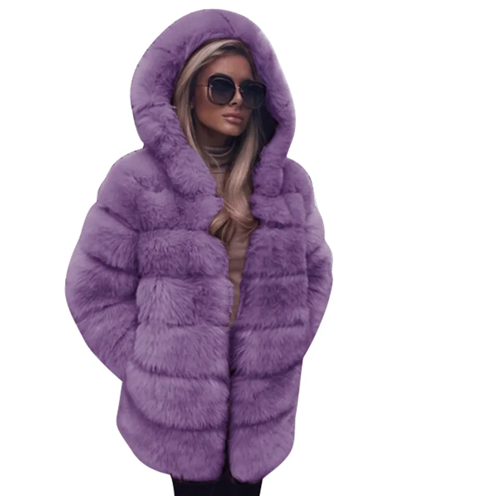 Женское пальто модное роскошное пальто с искусственным мехом осеннее зимнее теплое пальто с капюшоном теплая зимняя верхняя одежда ropa mujer - Цвет: Фиолетовый