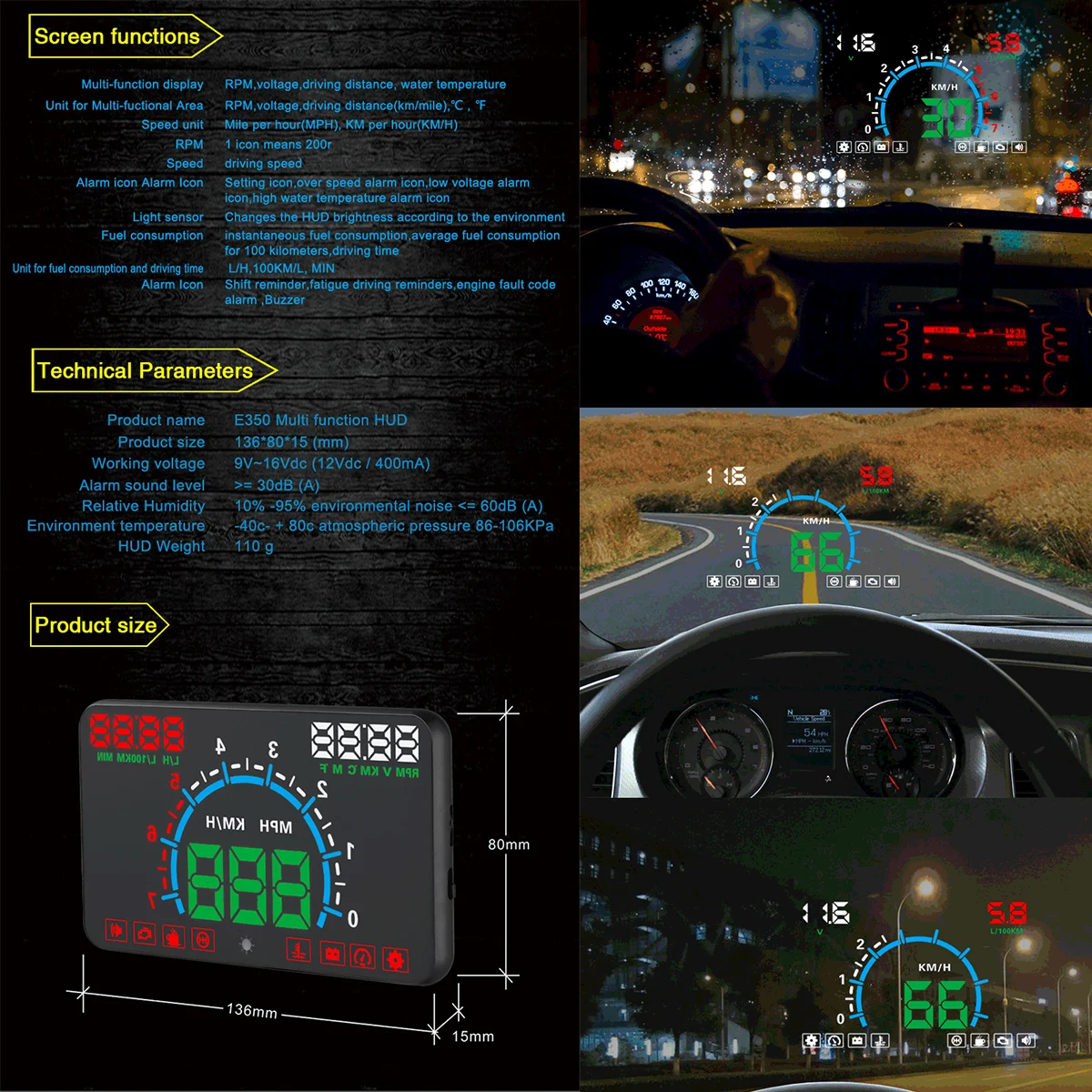 E350 OBD2 автомобильный HUD порт дисплей Спидометр лобовое стекло проектор Авто hud Дисплей проектор