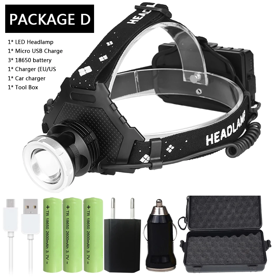 Package D XHP70.2 Новое поступление самая мощная светодиодная фара XHP50.2 zoom Головной фонарь блок питания 7800 мАч 18650 батарея Z90+ 2063 - Испускаемый цвет: Package D