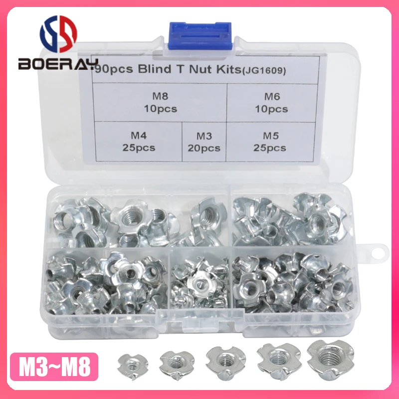 90Pcs Carbon Steel with Zinc Plate Galvanization Pronged Tee T nut Blind Nut Furniture Four Claws M3 M4 M5 M6 M8 | Обустройство дома