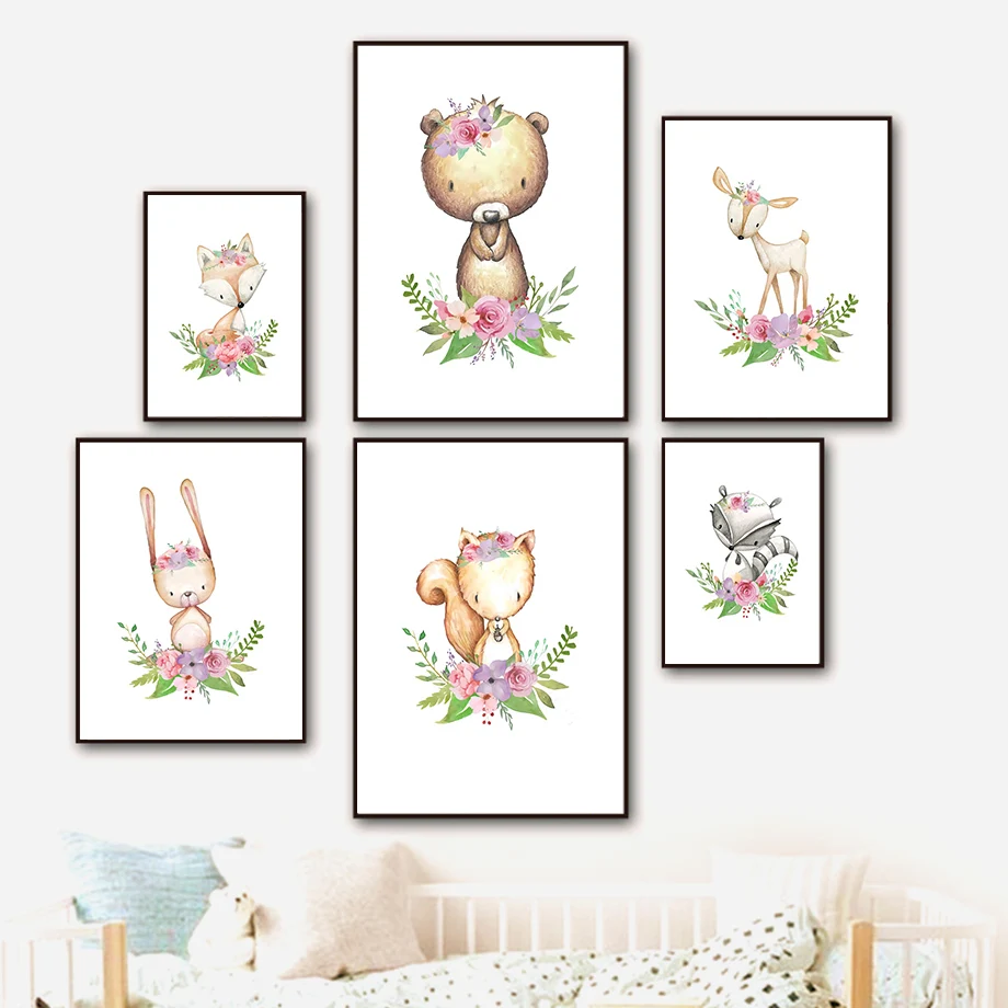 

Fox Rabbit Bear Deer Squirrel Cute Cartoon Wall Art Canvas Painting Nordic Posters And Print Wall Pictures Baby Kids Room Decor