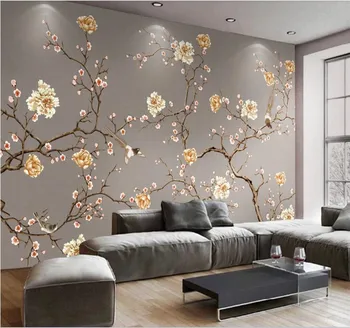 

Professional custom high-end wallpaper hand-painted flowers and birds art high-end wall - high-grade waterproof material