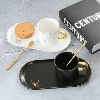 

Ceramic Elk Cup Saucers Set with Spoon Coffee Stirring Cup Color Glaze Milk Breakfast Mug Biscuit Dessert Tray Kitchen Drinkware