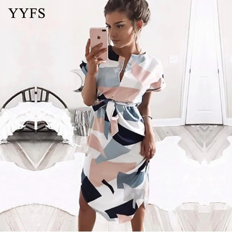 

2019 Plus Size Midi Party Dresses Women Print Summer Boho Beach Tunic Long Dresses Geometric Color Block Sashes Vestidos