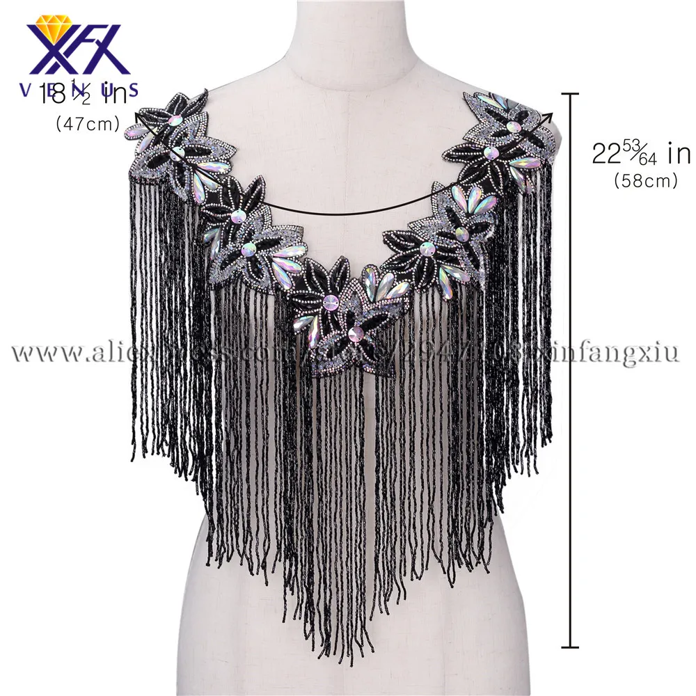 

XFX VENUS Hot sale new tassels style rhinestone patches V neck wedding embroidered crystal beaded fashion beaded applique