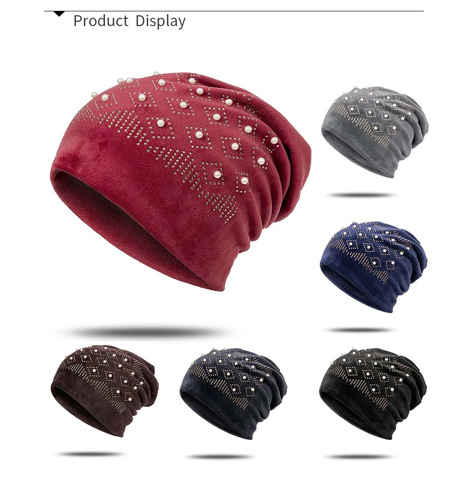 Новинка, женская зимняя шапка, роскошная бархатная теплая шапка Skullies Beanies, Женская Повседневная яркая шапка с жемчугом, женская шапка