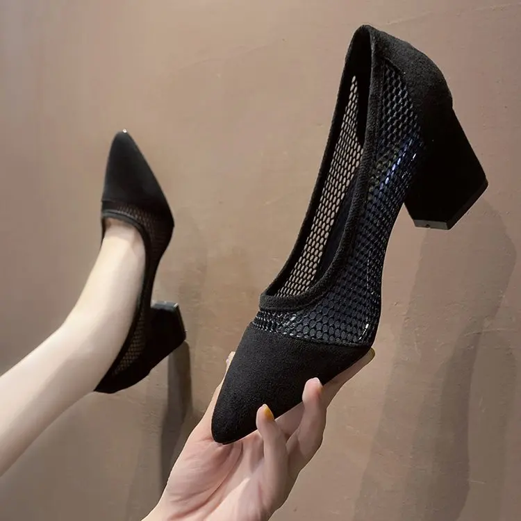 

2020 women's high heels sexy bridal party heel heel pointed pointed shallow mesh mesh stitching breathable black women shoes