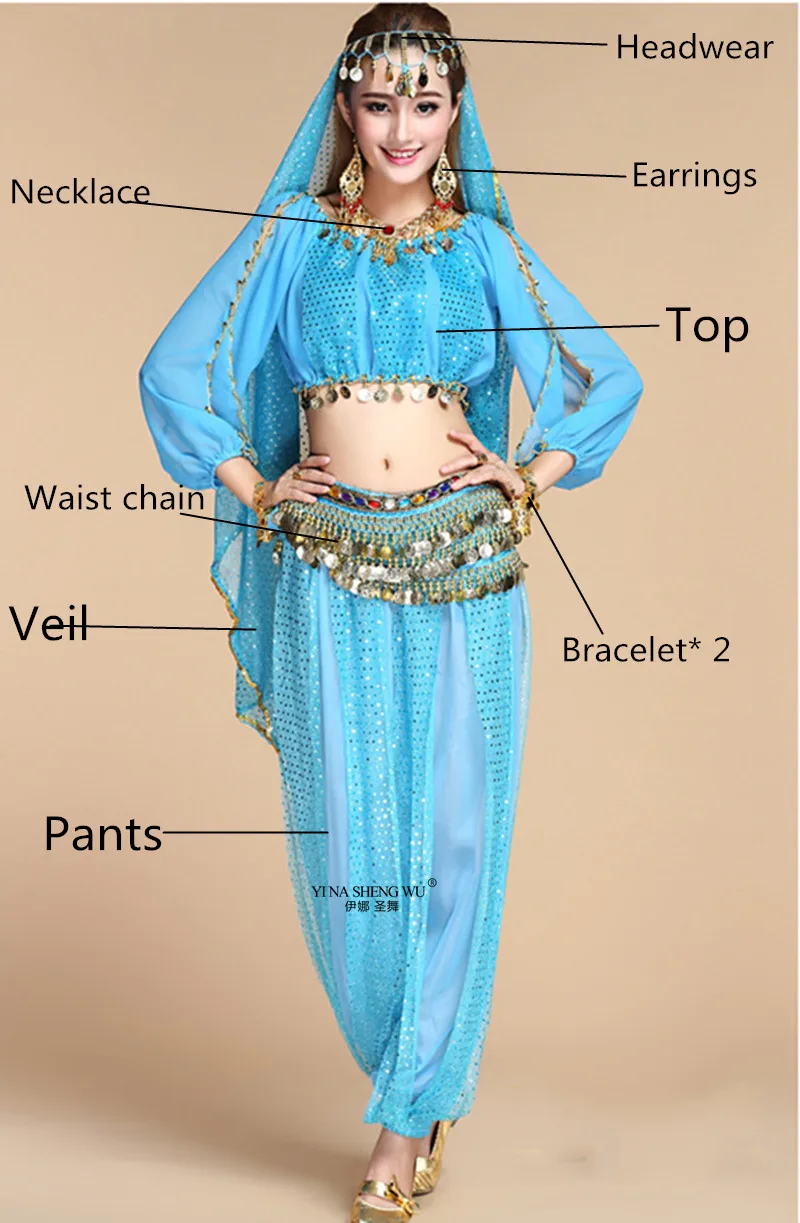 8pcs Turquoise-Pants Женский костюм для танца Болливуда, индийские женские комплекты для танца живота, индийское платье для танца живота, костюмы для взрослых, новинка - Цвет: 8pcs Turquoise-Pants