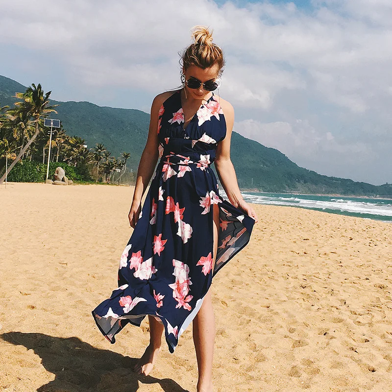 

Zomerjurk Backless Bohemian Beach Lange Jurk Bloemen V-hals Side Split Sexy Maxi Gewaad Femme Boho Vestiti Donna