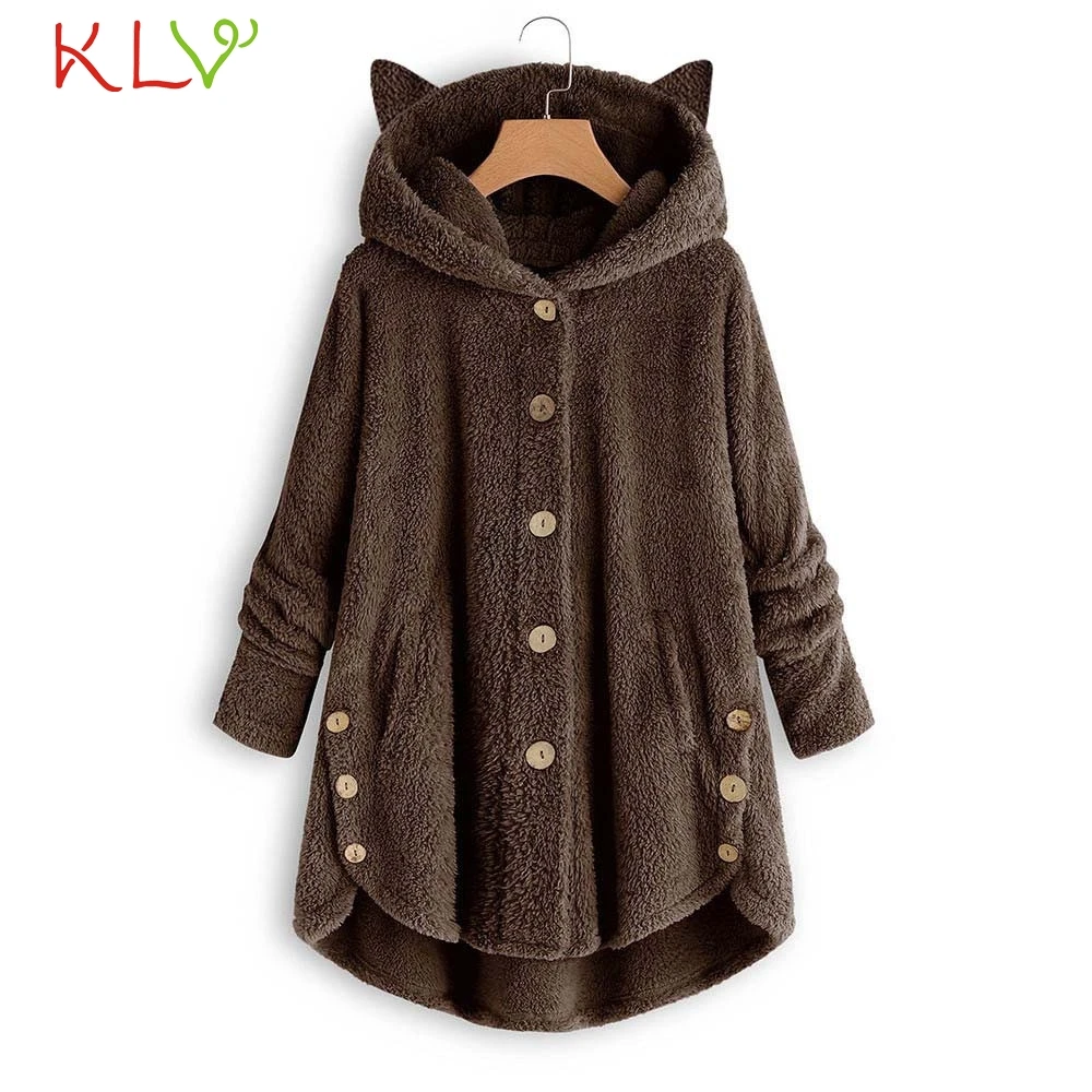 Женская зимняя куртка с кошачьими ушками, пушистый плюш, длинный рукав, теплая Базовая куртка, женская верхняя одежда, пальто на пуговицах, Casaco Feminino 19Sep