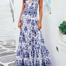 Женское цветочное Макси платье Лето белое синее фарфоровое вечерние BOHO пляжные длинные платья женские праздничные платья Longo плюс размер