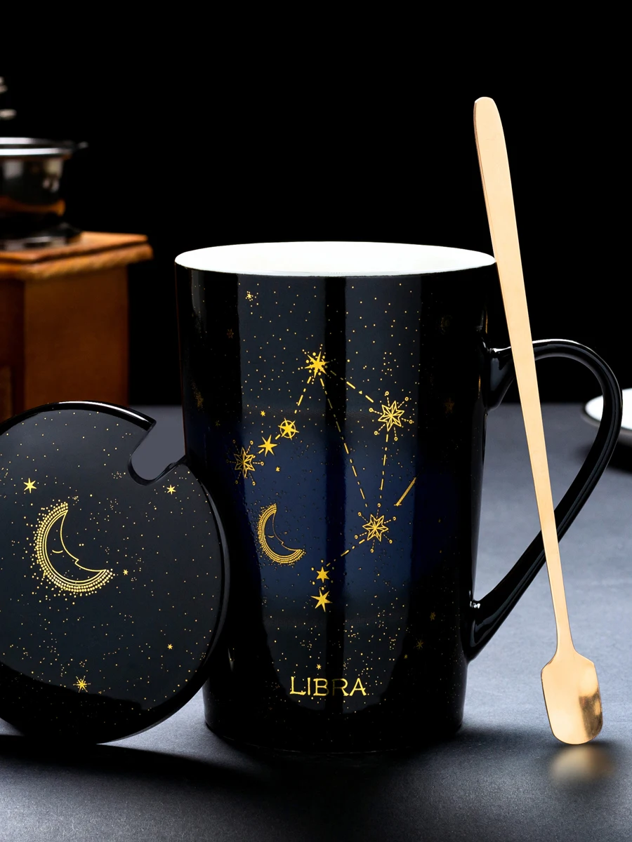 

12 Constellations Creative Ceramic Mugs with Spoon Lid Black and white Porcelain Zodiac Milk Coffee Cup 400ML Water Drinkware