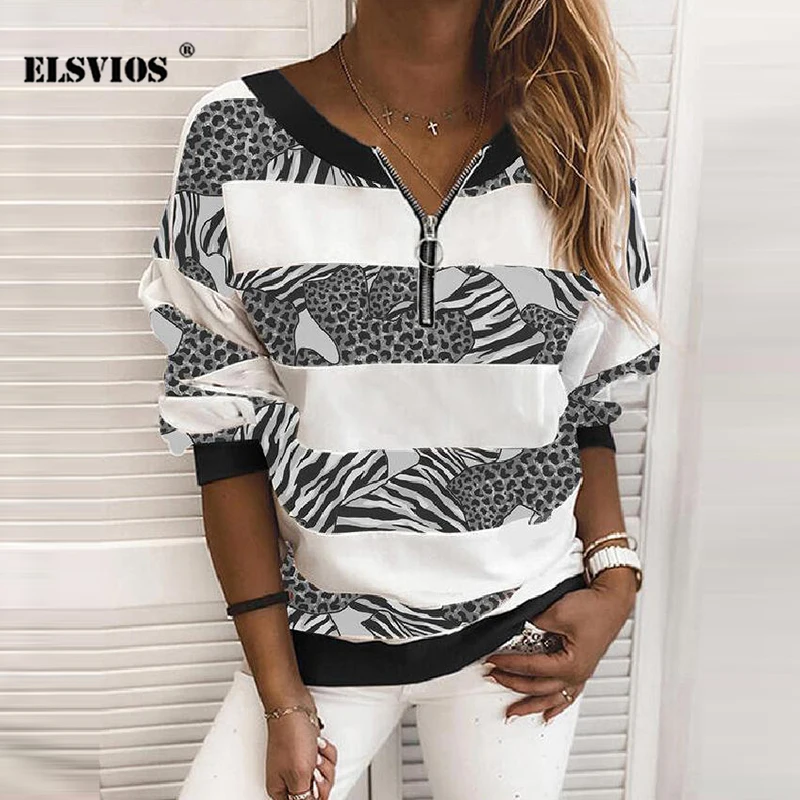 

Loose Casual Women Fall Winter V Neck Zipper Leopard Print Sweatshirt Fashion Long Sleeves Stripe Gradient Tops Elegant Pullover