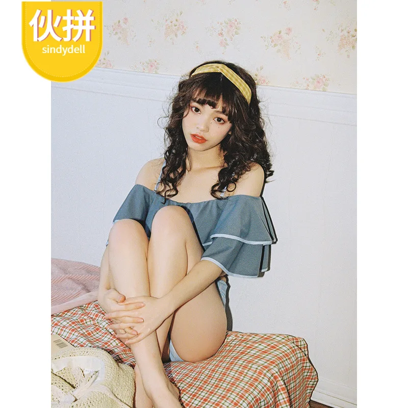 

Bathing Suit Women's Belly Covering A- line-Shoulder South Korea Hot Springs Slimming High-waisted Triangular Two-piece Swimsuit