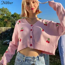 Nibber-Suéter Bordado de Punto para Mujer, Jersey con Estampado de Cerezas, Cárdigan Informal Dulce, Ropa Elegante para Otoño e Invierno