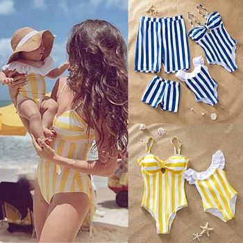

Parent-child Swimsuit Woman Girls Stripe Family Bikini One-Piece Swimwear Beachwear Man Boys Beach Shorts Suit Summer Clothes