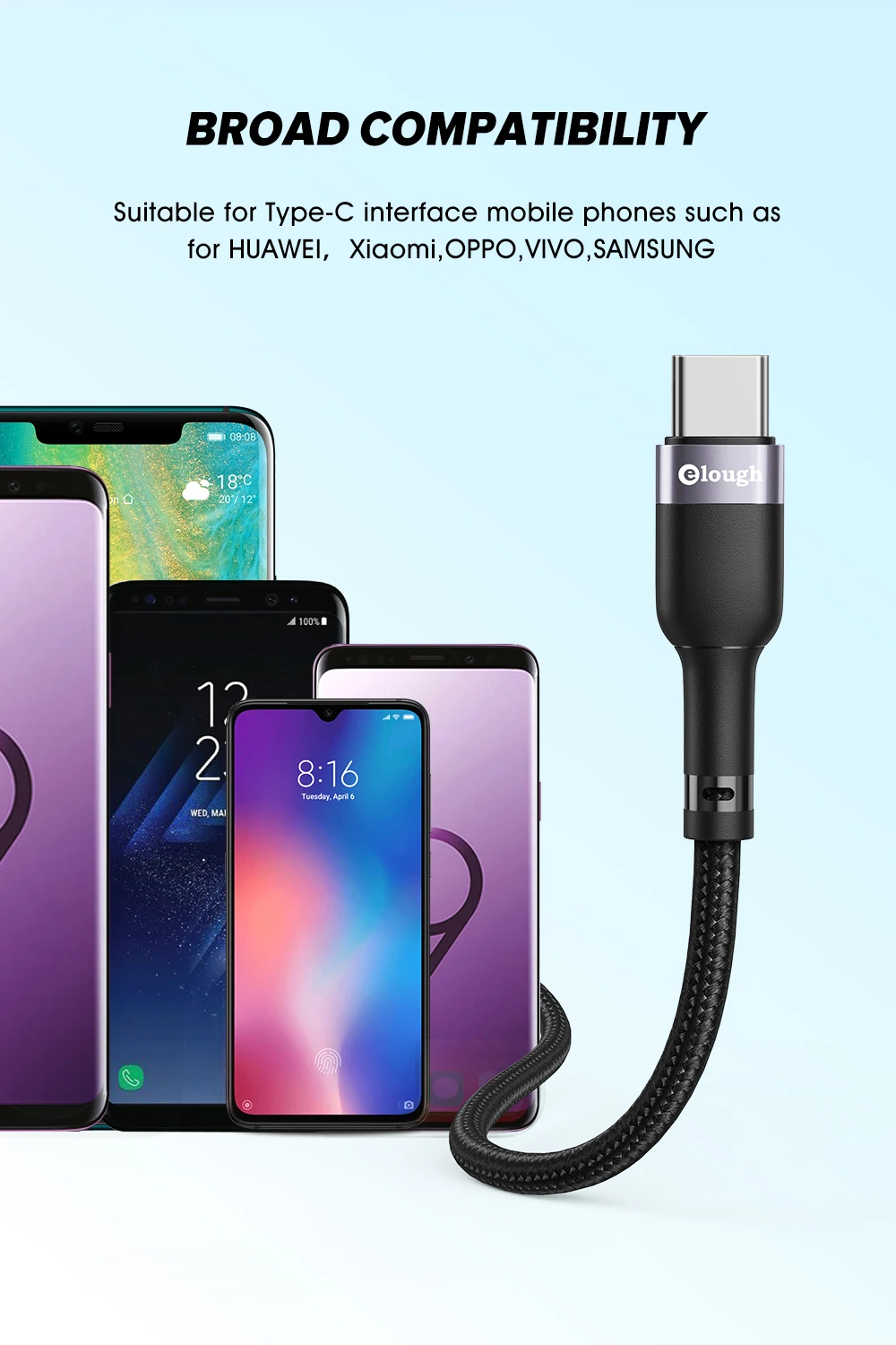 Elough USB Type C Cable 3A Fast Charging USB C Cable For Xiaomi Redmi Poco x3 Samsung S20 S21 Mobile Phone USB-C Type-C Cable 3m android charger type