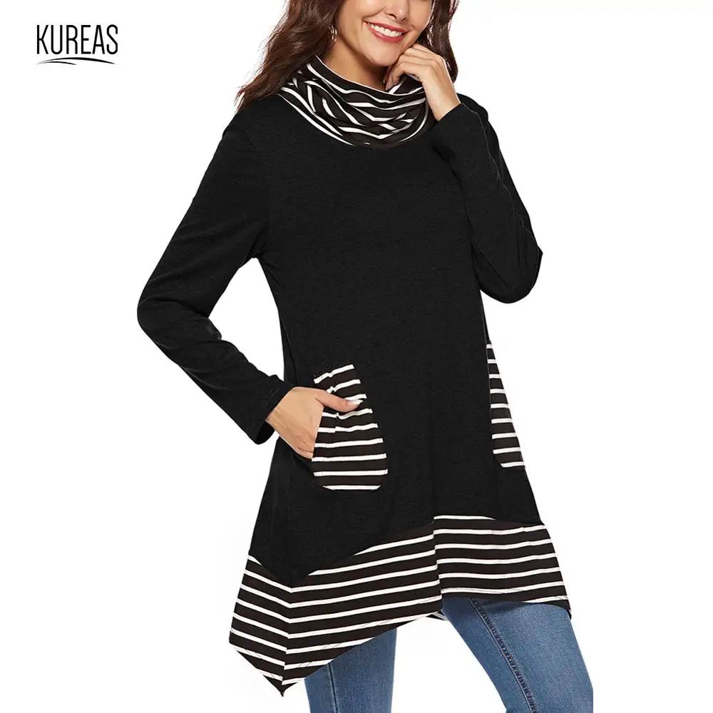 

Kureas Women Turtleneck T Shirt Knitted Striped Patchwork Long T-Shirts Asymmertrical Oversize Baggy Stretch Tops with Pocket