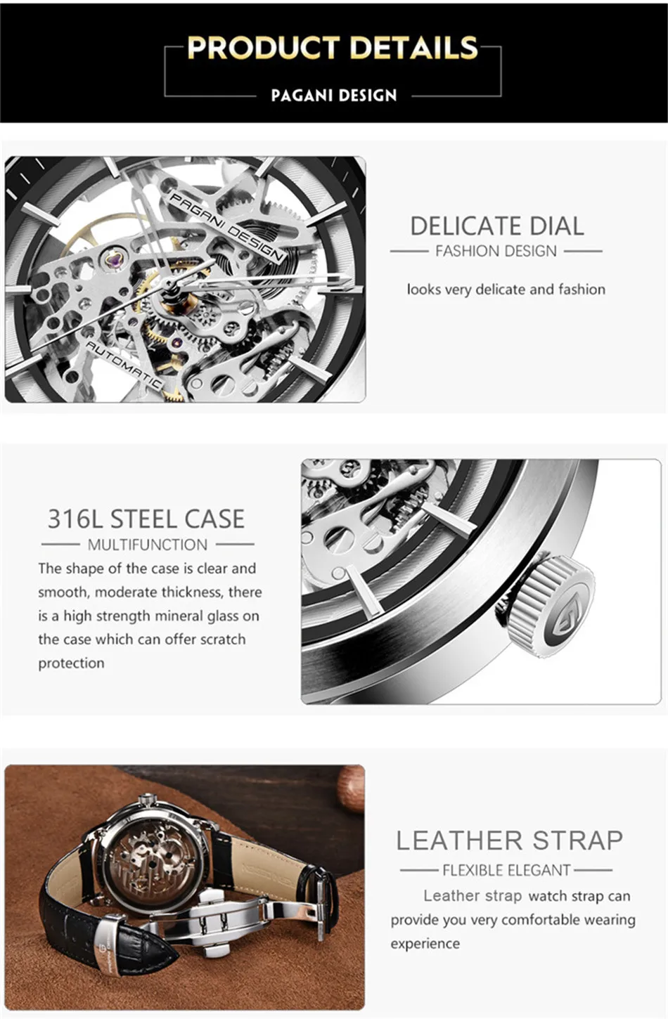 Модные мужские часы GEJIAN, Топ бренд, роскошные повседневные механические часы с большим циферблатом, кожаные водонепроницаемые часы для мужчин