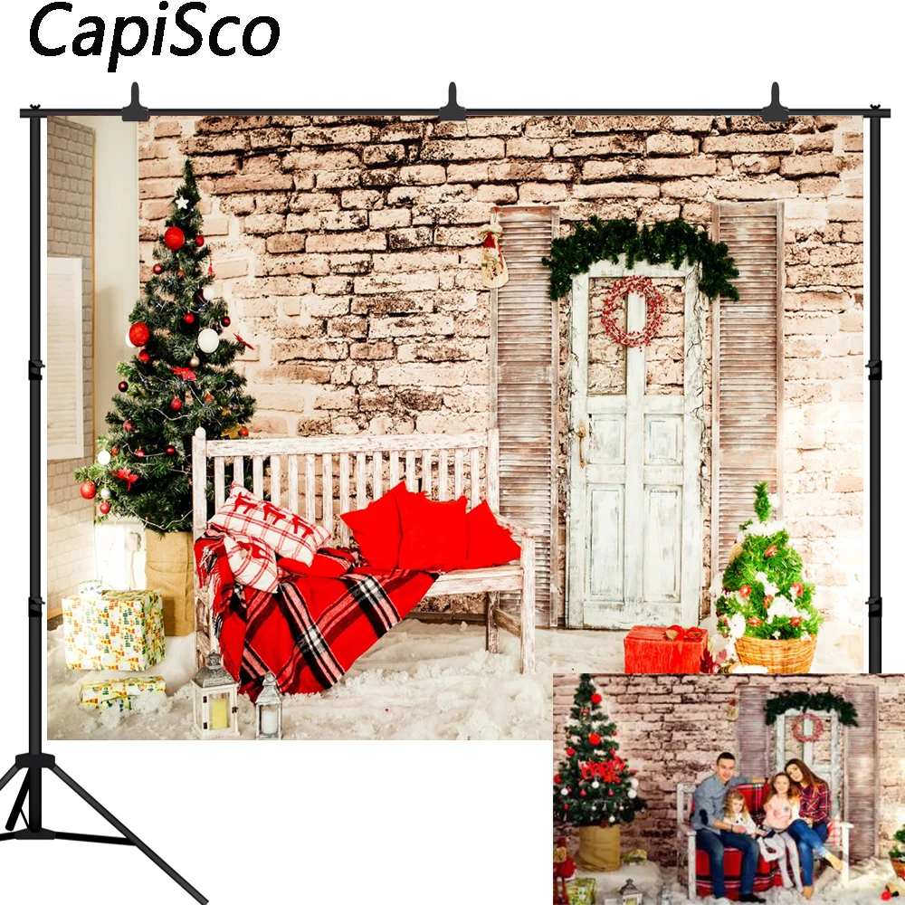

Capisco Gray Brick Wall Christmas Tree bench Wooden door Child Portrait Backgrounds Photography Backdrops Photocall Photo Studio