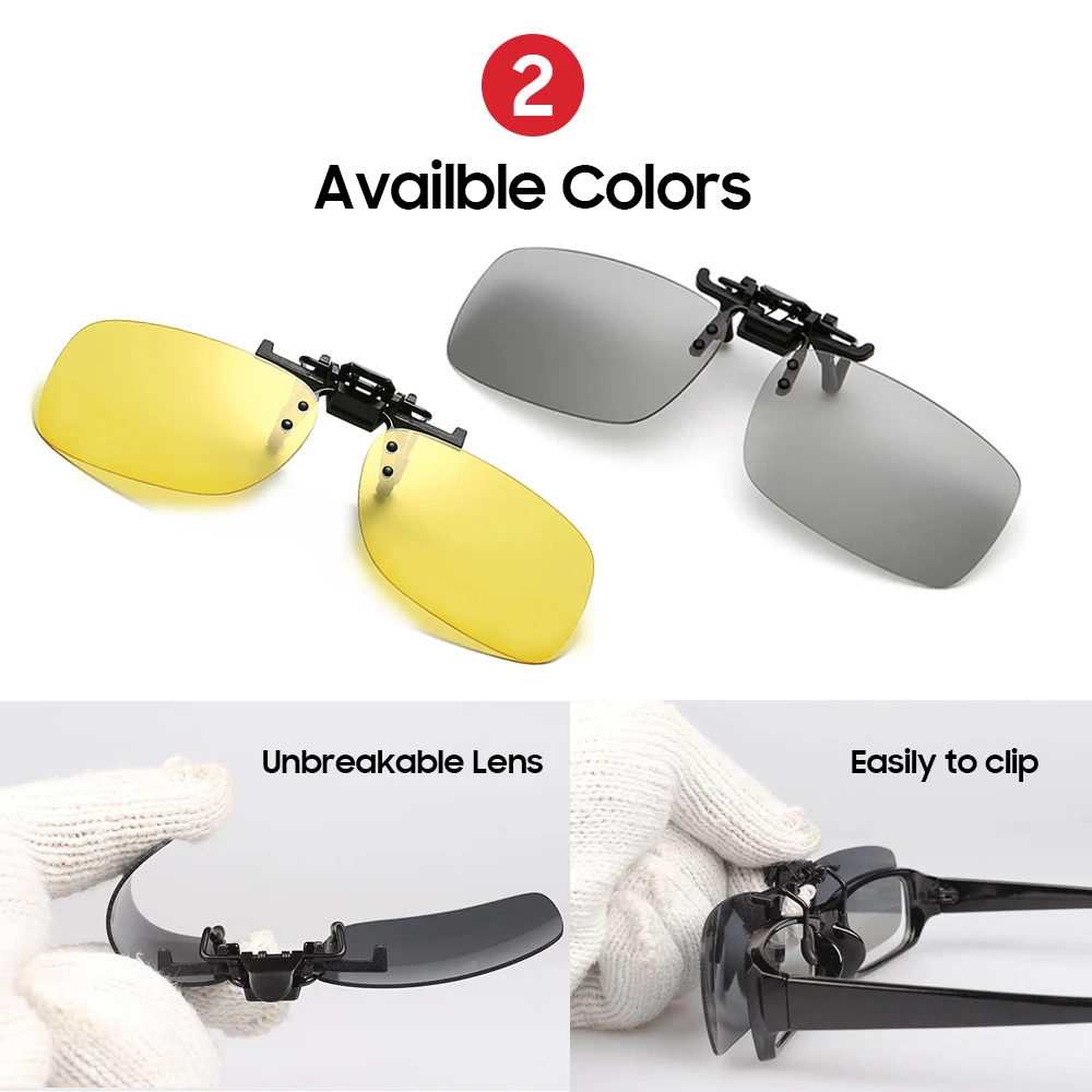 Polarized Square Fishing Flip Up Clip on Sunglasses Men Photochromic UV400 Night Vision Fishing Sunglasses