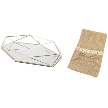 

1Pcs Geometry Hexagon Storage Basket Boxes Gold & 10Pcs Knife Cover Holder for Wedding Festival Jute Burlap