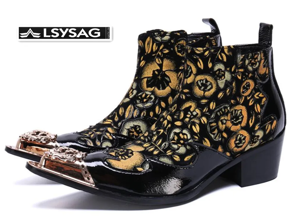 

Designer Floral Luxury Party Prom Men Boots Genuine Leather Ankle Boots Increase Height Pointed Toe Formal Boots Male
