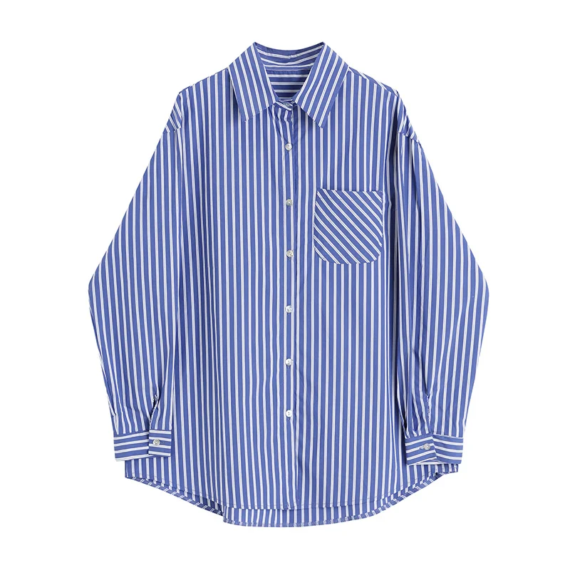 

Mshi Club blue striped shirt women wear autumn style foreign style fashion loose shirt coat