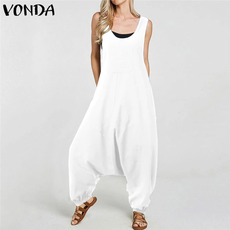 

VONDA 2019 Summer Rompers Women Jumpsuit Casual Loose Wide Leg Harem Pants Sleeveless Playsuits Plus Size Female Overalls
