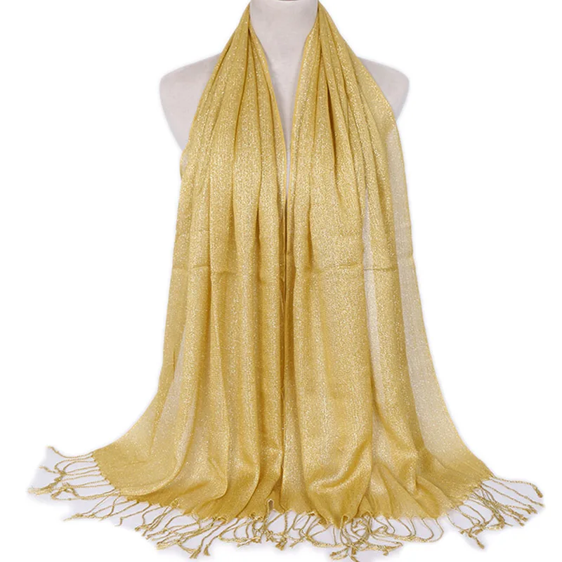 Модный Блестящий женский шарф, люрекс, шали и шали, Арабский исламский мусульманский хиджаб, тюрбан, простой платок, головной убор, глушитель - Цвет: 25 bright yellow