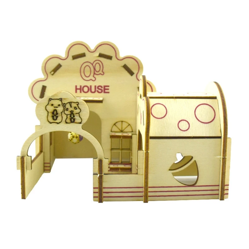 Hibye Hamster Hideout Wooden Hut Small Animals Double Layer Villa Rat Room House Cage Exercise Toy with Ladder Board Accessories 